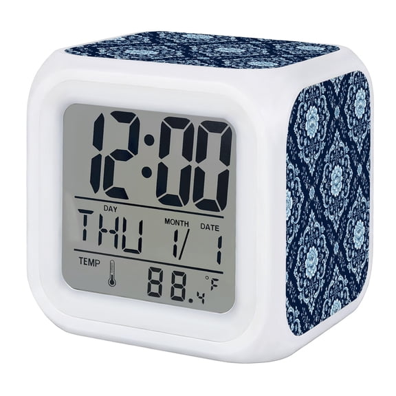 Alarm Clocks Blue Damask Flower Digital Clock 7 Color LED Night Light Silent Non-Ticking Battery Operated Luxury Baroque Floral Bloom Cube Clocks for Bedroom Bedside Living Room Office School Decor