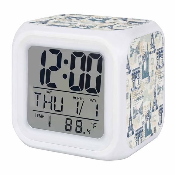 Alarm Clocks Blue Eiffel Tower Digital Clock 7 Color LED Night Light Silent Non-Ticking Battery Operated France Paris Travel Landscape Cube Clocks for Bedroom Bedside Living Room Office School