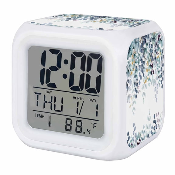 Alarm Clocks Blue Eucalyptus Leaves Digital Clock 7 Color LED Night Light Silent Non-Ticking Battery Operated Berry Branch Nature Plant Cube Clocks for Bedroom Bedside Living Room Office School