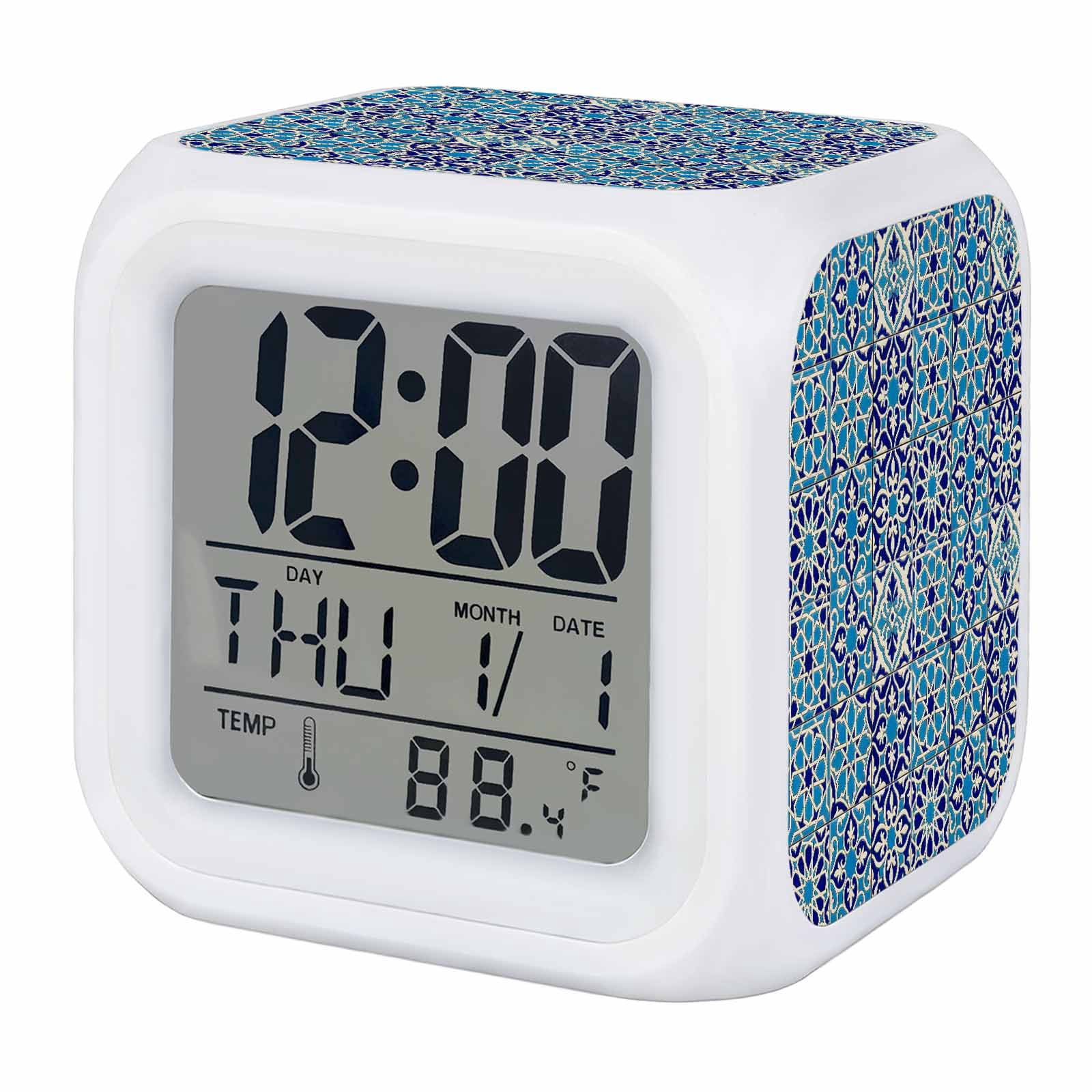 Alarm Clocks Blue Floral Block Digital Clock 7 Color LED Night Light ...