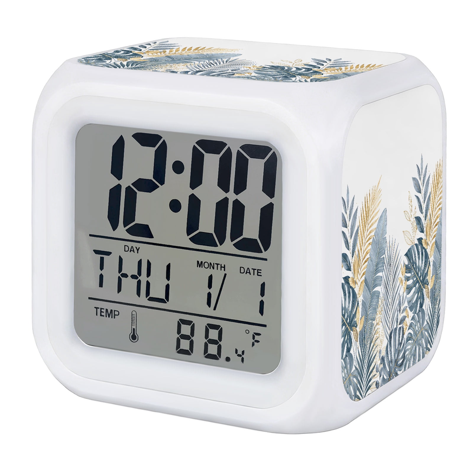 Alarm Clocks Blue Golden Palm Leaves Digital Clock 7 Color LED Night ...