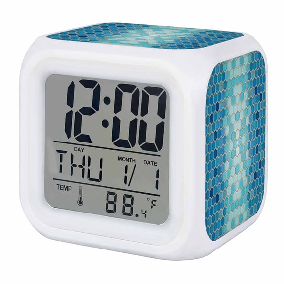 Alarm Clocks Blue Honeycomb Grid Digital Clock 7 Color LED Night Light Silent Non-Ticking Battery Operated Gradient Hexagonal Cells Cube Clocks for Bedroom Bedside Living Room Office School Decor