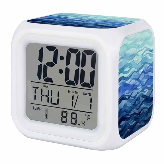 Alarm Clocks Blue Horizon Clouds Digital Clock 7 Color LED Night Light Silent Non-Ticking Battery Operated Artistic Glow Waves Cube Clocks for Bedroom Bedside Living Room Office School Decor