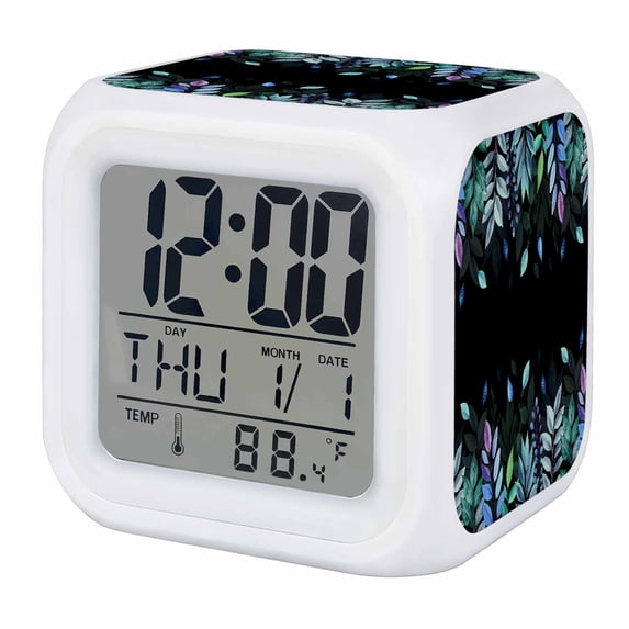 Alarm Clocks Blue Leaves Digital Clock 7 Color LED Night Light Silent ...