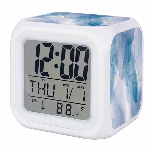 Alarm Clocks Blue Marble Digital Clock 7 Color LED Night Light Silent Non-Ticking Battery Operated Abstract Geometric Modern Ombre Blue Cube Clocks for Bedroom Bedside Living Room Office School