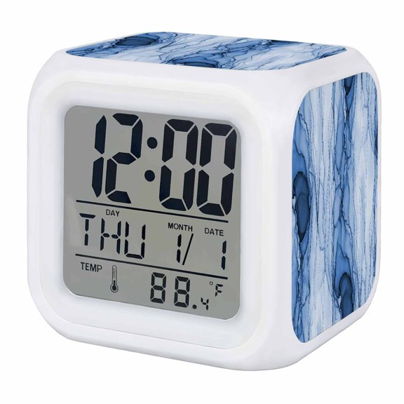 Alarm Clocks Blue Marble Veins Digital Clock 7 Color LED Night Light Silent Non-Ticking Battery Operated Modern Art Water Ripples Cube Clocks for Bedroom Bedside Living Room Office School Decor