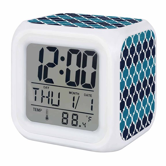 Alarm Clocks Blue Moroccan Design Digital Clock 7 Color LED Night Light Silent Non-Ticking Battery Operated Retro Geometric Pattern Cube Clocks for Bedroom Bedside Living Room Office School