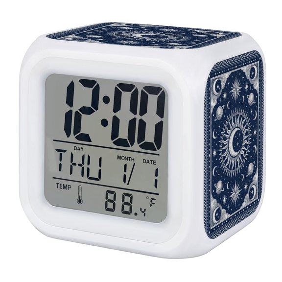 Alarm Clocks Blue Mystical Star Moon Digital Clock 7 Color LED Night Light Silent Non-Ticking Battery Operated Celestial Galaxy Cosmic Cube Clocks for Bedroom Bedside Living Room Office School Decor