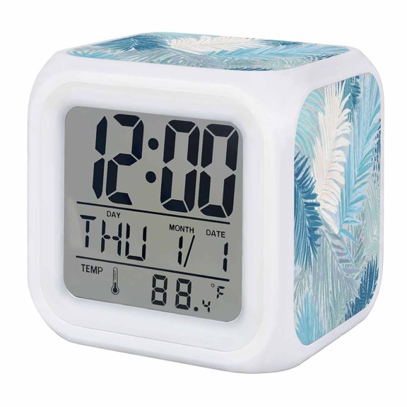 Alarm Clocks Blue Palm Leaves Digital Clock 7 Color LED Night Light Silent Non-Ticking Battery Operated Tropical Leaf Plant Cube Clocks Decorative for Bedroom Bedside Living Room Office School Decor