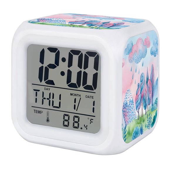 Alarm Clocks Blue Pink Could Rain Drop Digital Clock 7 Color LED Night Light Silent Non-Ticking Battery Operated Forest Tree Mountain Cube Clocks for Bedroom Bedside Living Room Office School Decor