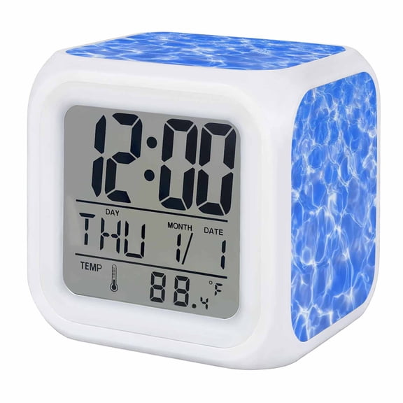 Alarm Clocks Blue Ripples Digital Clock 7 Color LED Night Light Silent Non-Ticking Battery Operated Coastal Waves Swimming Pool Cube Clocks for Bedroom Bedside Living Room Office School Decor