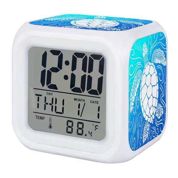 Alarm Clocks Blue Sea Turtle Digital Clock 7 Color LED Night Light Silent Non-Ticking Battery Operated Coastal Marine Life Waves Cube Clocks for Bedroom Bedside Living Room Office School Decor