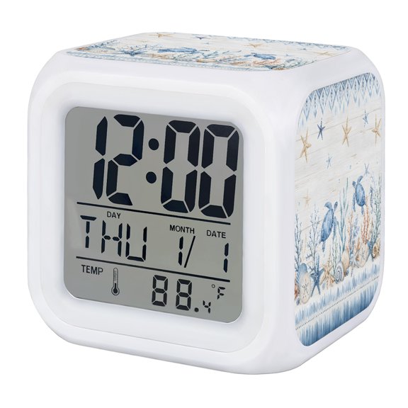 Alarm Clocks Blue Sea Turtle Digital Clock 7 Color LED Night Light Silent Non-Ticking Battery Operated Coastal Starfish Coral Shell Conch Cube Clocks for Bedroom Bedside Living Room Office Decor
