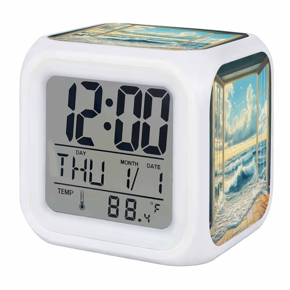 Alarm Clocks Blue Sky Cloud Digital Clock 7 Color LED Night Light Silent Non-Ticking Battery Operated Beach Waves Window Cube Clocks Decorative for Bedroom Bedside Living Room Office School Decor