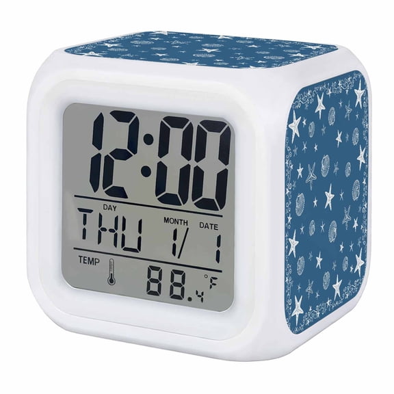 Alarm Clocks Blue Starfish Shell Digital Clock 7 Color LED Night Light Silent Non-Ticking Battery Operated Coastal Star Ocean Cube Clocks for Bedroom Bedside Living Room Office School Decor