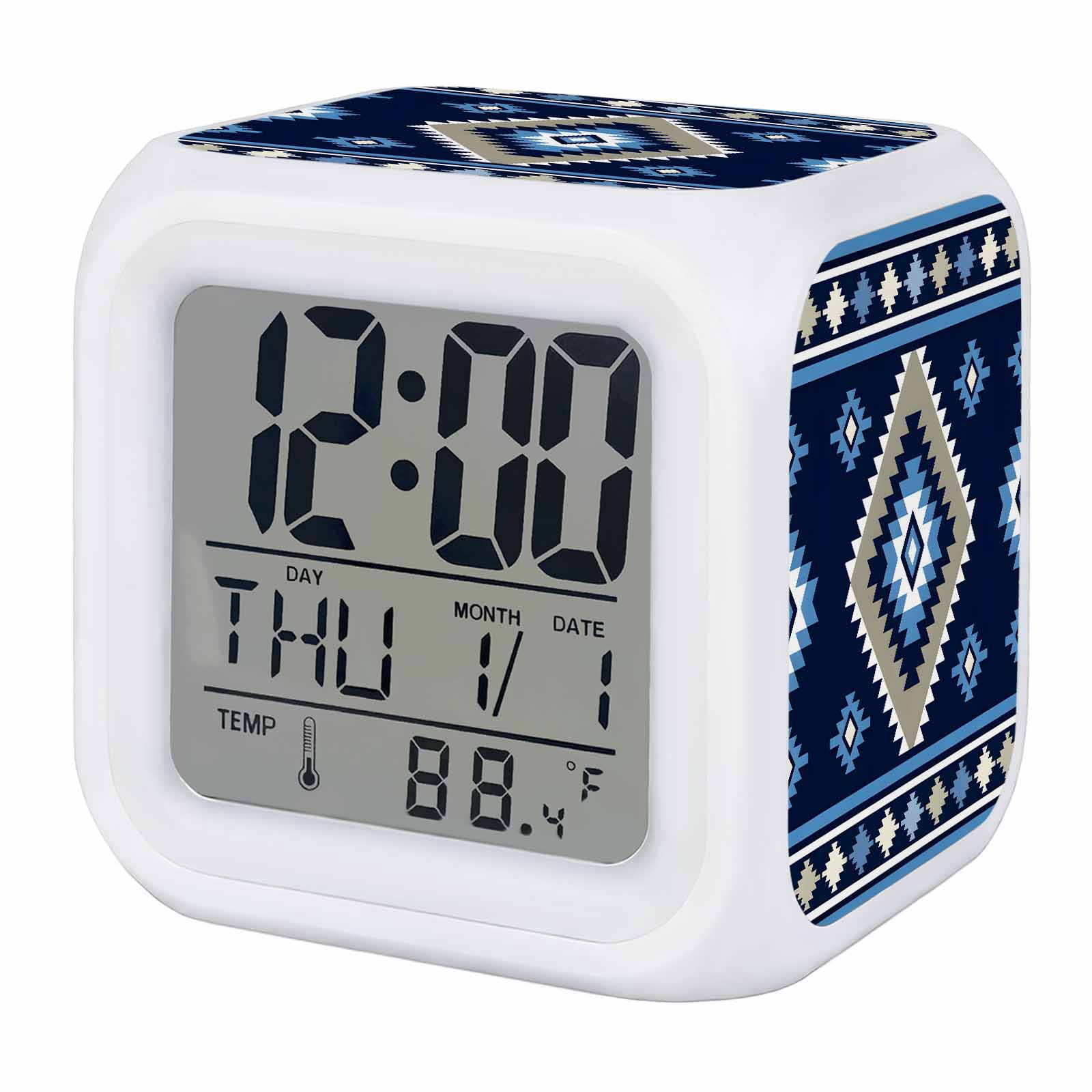 Alarm Clocks Blue Tribal Geometric Digital Clock 7 Color LED Night Light Silent Non-Ticking Battery Operated Boho Vintage Native Abstract Cube Clocks for Bedroom Bedside Living Room Office School
