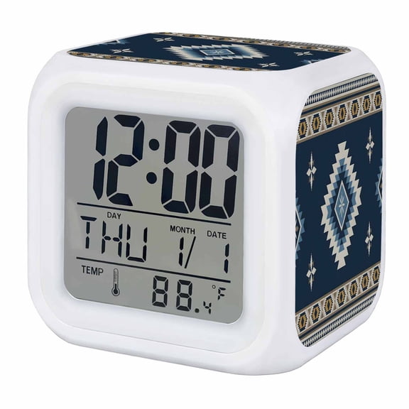 Alarm Clocks Blue Tribal Geometric Digital Clock 7 Color LED Night Light Silent Non-Ticking Battery Operated Vintage Boho Native Abstract Cube Clocks for Bedroom Bedside Living Room Office School