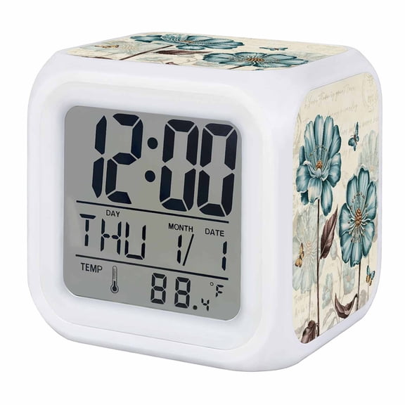 Alarm Clocks Blue Tulip Floral Digital Clock 7 Color LED Night Light Silent Non-Ticking Battery Operated Butterfly Elegant Blossoms Flowers Cube Clocks for Bedroom Bedside Living Room Office School