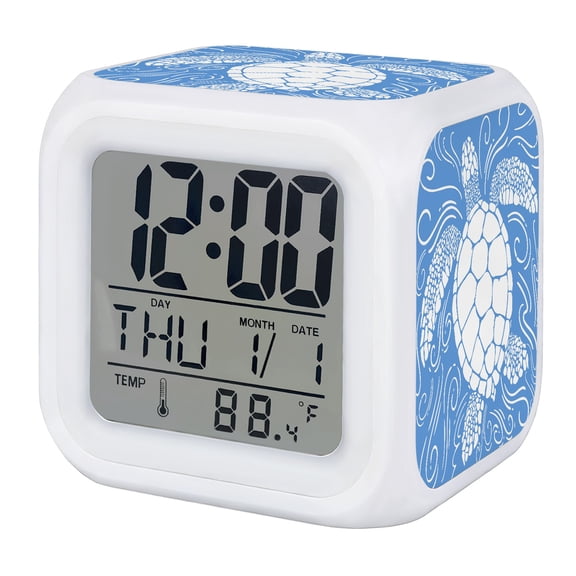 Alarm Clocks Blue Turtle Digital Clock 7 Color LED Night Light Silent Non-Ticking Battery Operated Coastal Marine Life Water Ripples Cube Clocks for Bedroom Bedside Living Room Office School Decor
