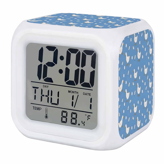 Alarm Clocks Blue White Goose Digital Clock 7 Color LED Night Light Silent Non-Ticking Battery Operated Small Eggs Floating Feathers Cube Clocks for Bedroom Bedside Living Room Office School Decor