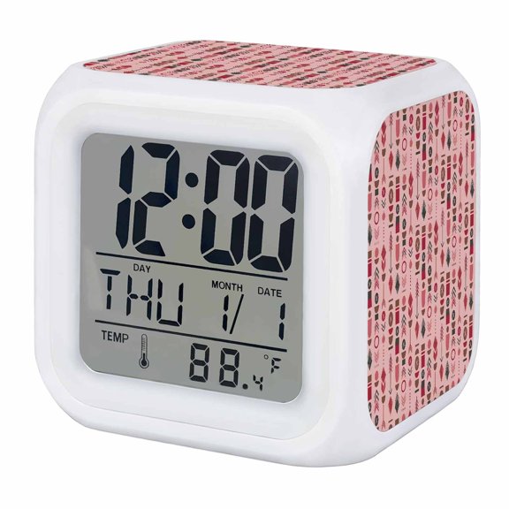 Alarm Clocks Bohemian Vertical Totems Digital Clock 7 Color LED Night Light Silent Non-Ticking Battery Operated Pink Tribal Stripes Cube Clocks for Bedroom Bedside Living Room Office School Decor