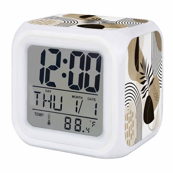 Alarm Clocks Boho Abstract Mid Century Digital Clock 7 Color LED Night Light Silent Non-Ticking Battery Operated Brown Modern Geometric Leaf Cube Clocks for Bedroom Bedside Living Room Office School