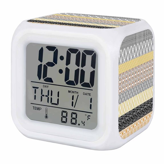 Alarm Clocks Boho Digital Clock 7 Color LED Night Light Silent Non-Ticking Battery Operated Bohemian Geometric Stripes Yellow Grey Cube Clocks for Bedroom Bedside Living Room Office School