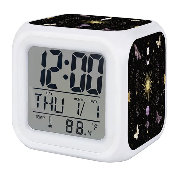 Alarm Clocks Boho Star Moon Butterfly Digital Clock 7 Color LED Night Light Silent Non-Ticking Battery Operated Mysterious Starry Night Cube Clocks for Bedroom Bedside Living Room Office Decor