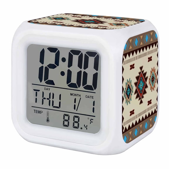 Alarm Clocks Boho Tribal Style Digital Clock 7 Color LED Night Light Silent Non-Ticking Battery Operated Southwest Abstract Bohemian Cube Clocks for Bedroom Bedside Living Room Office School