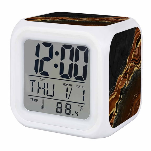 Alarm Clocks Brown Abstract Marble Digital Clock 7 Color LED Night Light Silent Non-Ticking Battery Operated Black Malachite Gold Veins Cube Clocks for Bedroom Bedside Living Room Office School