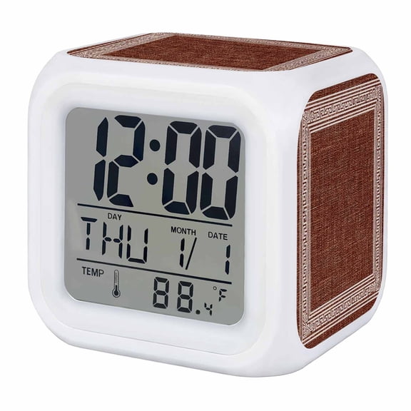 Alarm Clocks Brown Linen Key Design Digital Clock 7 Color LED Night Light Silent Non-Ticking Battery Operated Geometric Back Pattern Cube Clocks for Bedroom Bedside Living Room Office School