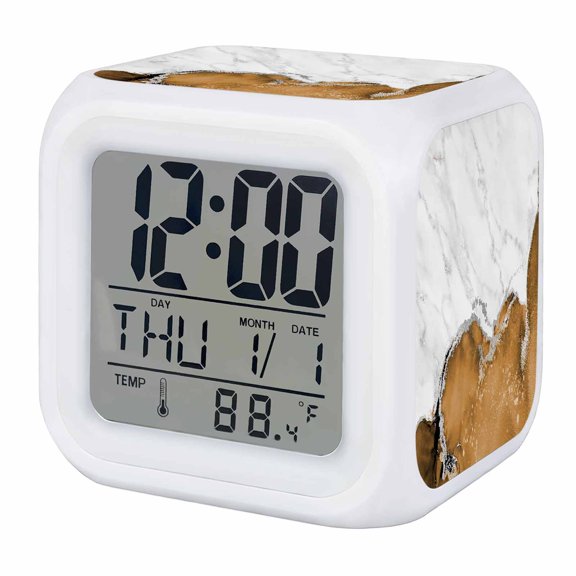 Alarm Clocks Brown Marble Digital Clock 7 Color LED Night Light Silent Non-Ticking Battery Operated White Modern Abstract Art Luxury Fluid Cube Clocks for Bedroom Bedside Living Room Office School