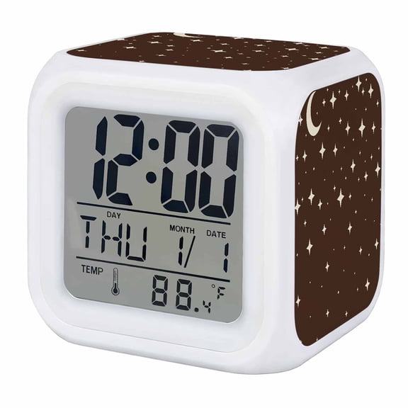 Alarm Clocks Brown Starry Night Digital Clock 7 Color LED Night Light Silent Non-Ticking Battery Operated Stars Moon Cube Clocks Decorative for Bedroom Bedside Living Room Office School Decor
