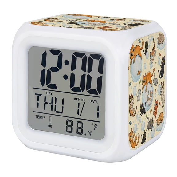 Alarm Clocks Bubble Cute Cat Digital Clock 7 Color LED Night Light Silent Non-Ticking Battery Operated Yellow Playing Animal Catty Fish Cube Clocks for Bedroom Bedside Living Room Office Decor