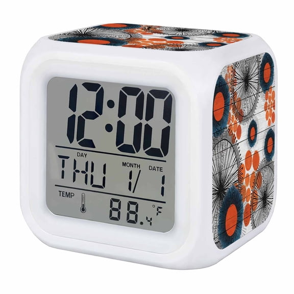 Alarm Clocks Burnt Orange Dots Digital Clock 7 Color LED Night Light Silent Non-Ticking Battery Operated Bohemian Circle Lines Cube Clocks for Bedroom Bedside Living Room Office School Decor
