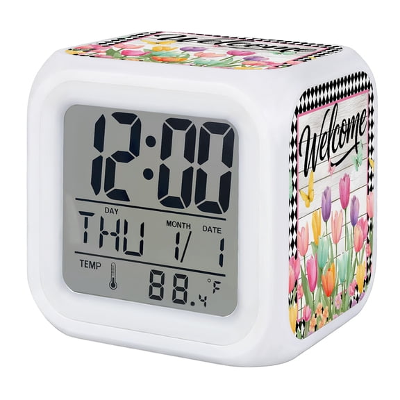 Alarm Clocks Butterfly Rainbow Tulip Digital Clock 7 Color LED Night Light Silent Non-Ticking Battery Operated Black Diamond Wood Welcome Cube Clocks for Bedroom Bedside Living Room Office Decor