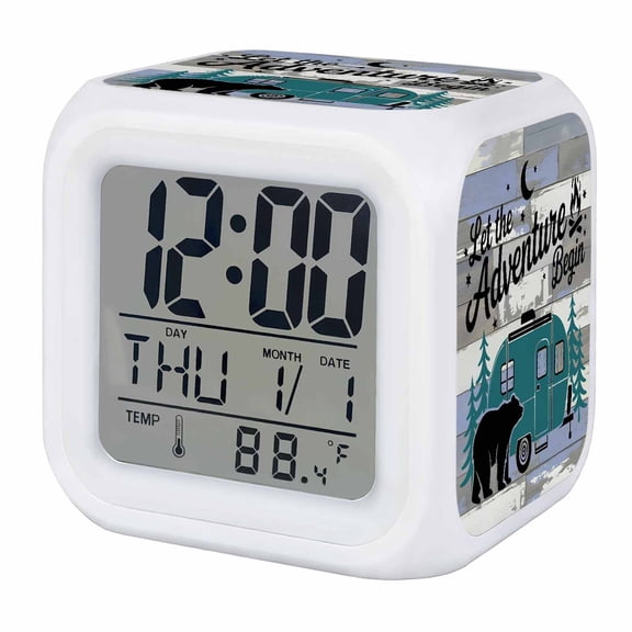 Alarm Clocks Camper Van Bear Digital Clock 7 Color LED Night Light Silent Non-Ticking Battery Operated Let The Adventure Begin Moon Flame Wood Cube Clocks for Bedroom Bedside Living Room Office