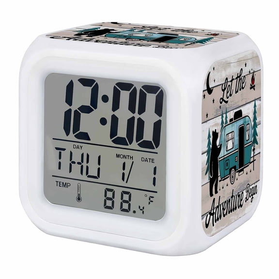 Alarm Clocks Camper Van Bear Digital Clock 7 Color LED Night Light Silent Non-Ticking Battery Operated Let The Adventure Begin Wood Grain Moon Cube Clocks for Bedroom Bedside Living Room Office