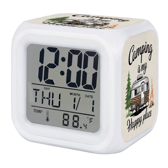 Alarm Clocks Camping Is My Happy Place Digital Clock 7 Color LED Night Light Silent Non-Ticking Battery Operated Camper Van Tree Flame Cube Clocks for Bedroom Bedside Living Room Office School Decor