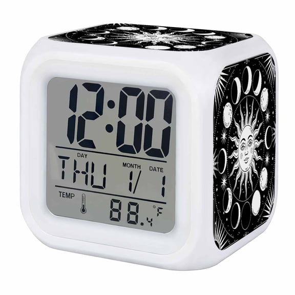 Alarm Clocks Celestial Sun and Moon Digital Clock 7 Color LED Night Light Silent Non-Ticking Battery Operated Black Starry Galaxy Boho Cube Clocks for Bedroom Bedside Living Room Office School