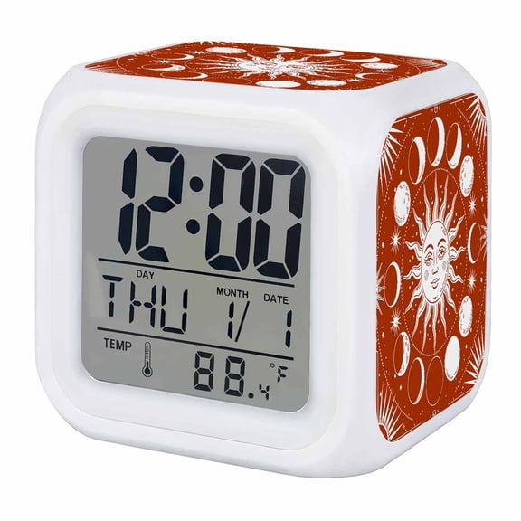 Alarm Clocks Celestial Sun and Moon Digital Clock 7 Color LED Night Light Silent Non-Ticking Battery Operated Burnt Orange Starry Galaxy Boho Cube Clocks for Bedroom Bedside Living Room Office