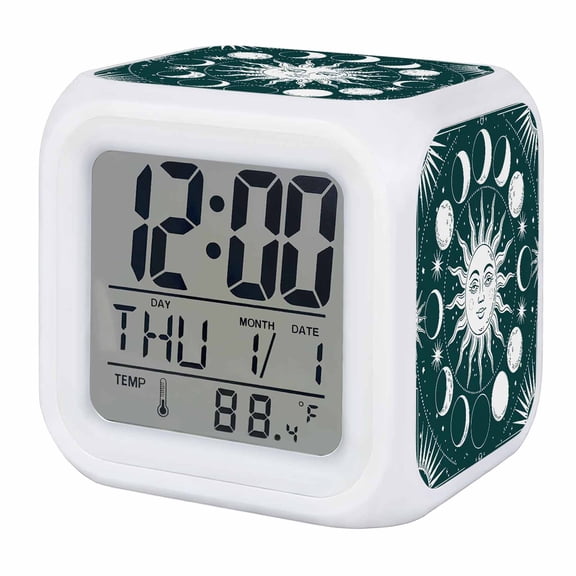 Alarm Clocks Celestial Sun and Moon Digital Clock 7 Color LED Night Light Silent Non-Ticking Battery Operated Green Starry Galaxy Boho Cube Clocks for Bedroom Bedside Living Room Office School