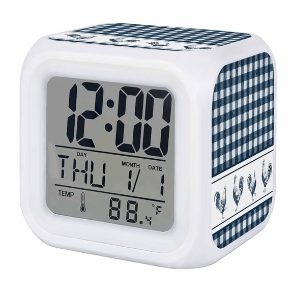 Alarm Clocks Chicken Cock Rooster Digital Clock 7 Color LED Night Light Silent Non-Ticking Battery Operated Farmhouse Animal Blue Plaid Cube Clocks for Bedroom Bedside Living Room Office School