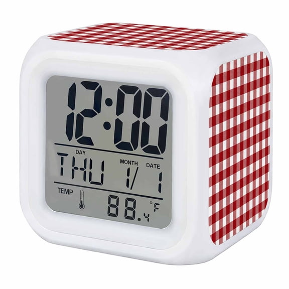 Alarm Clocks Christmas Buffalo Plaid Digital Clock 7 Color LED Night Light Silent Non-Ticking Battery Operated White and Red Checkered Cube Clocks for Bedroom Bedside Living Room Office School
