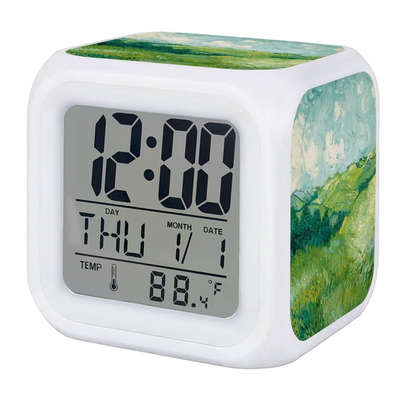 Alarm Clocks Cloud Sky Green Mountain Digital Clock 7 Color LED Night Light Silent Non-Ticking Battery Operated Rolling Hills Oil Painting Cube Clocks for Bedroom Bedside Living Room Office Decor