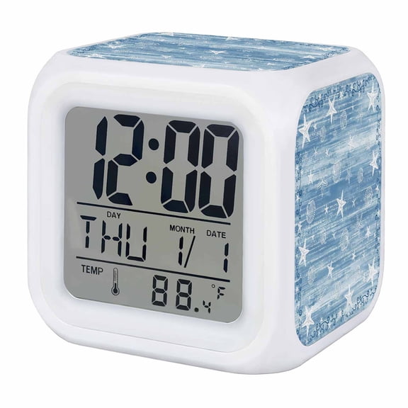 Alarm Clocks Coastal Starfish Shell Digital Clock 7 Color LED Night Light Silent Non-Ticking Battery Operated Blue Star Rustic Stripes Grain Cube Clocks for Bedroom Bedside Living Room Office Decor