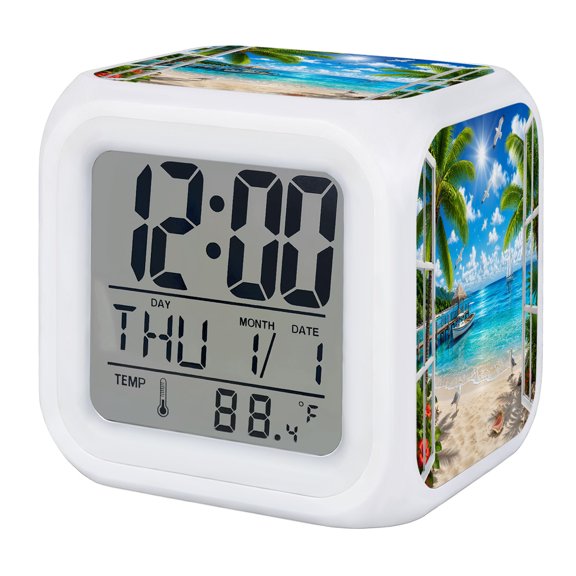 Alarm Clocks Coastal Window View Digital Clock 7 Color LED Night Light Silent Non-Ticking Battery Operated Summer Beach Palm Tree Cube Clocks for Bedroom Bedside Living Room Office School Decor