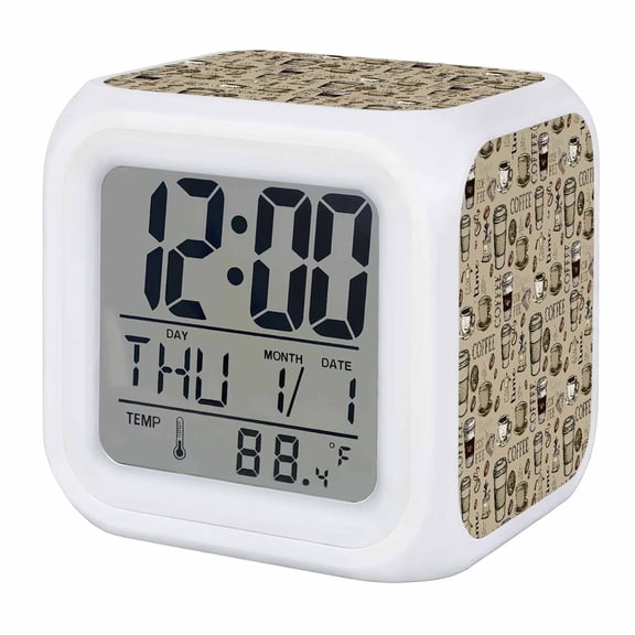 Alarm Clocks Coffee Beans Digital Clock 7 Color LED Night Light Silent Non-Ticking Battery Operated Khaki Coffee Cups Cube Clocks Decorative for Bedroom Bedside Living Room Office School Decor