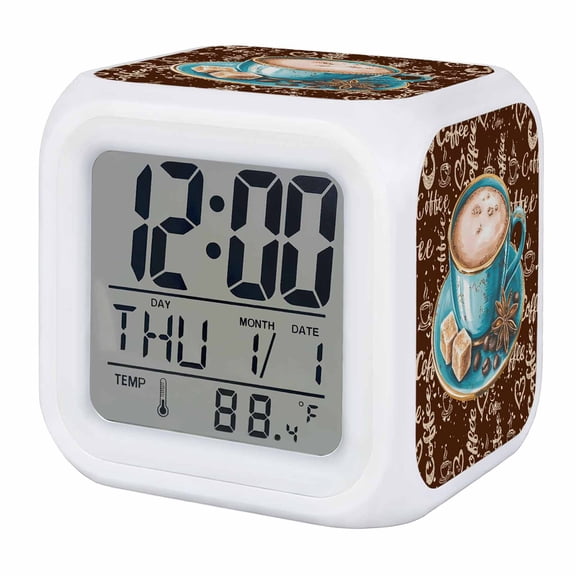 Alarm Clocks Coffee Cup Beans Digital Clock 7 Color LED Night Light Silent Non-Ticking Battery Operated Sugar Farmhouse Style Vintage Cube Clocks for Bedroom Bedside Living Room Office School