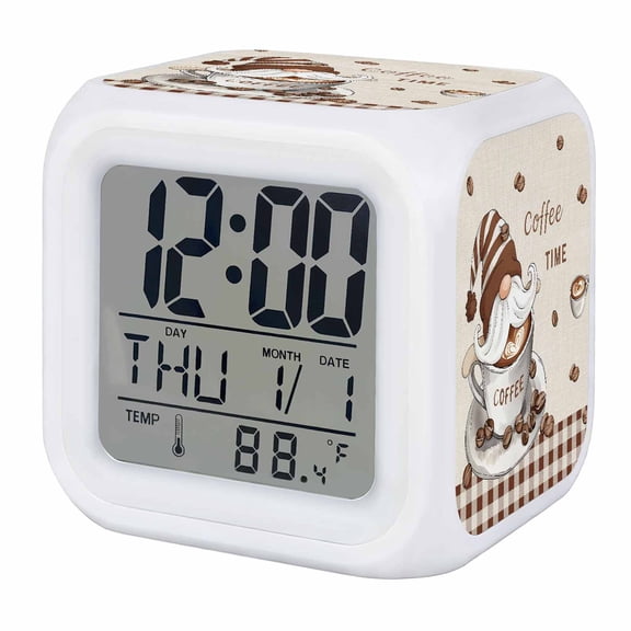 Alarm Clocks Coffee Time Gnome Digital Clock 7 Color LED Night Light Silent Non-Ticking Battery Operated Coffee Beans Buffalo Plaid Cube Clocks for Bedroom Bedside Living Room Office School